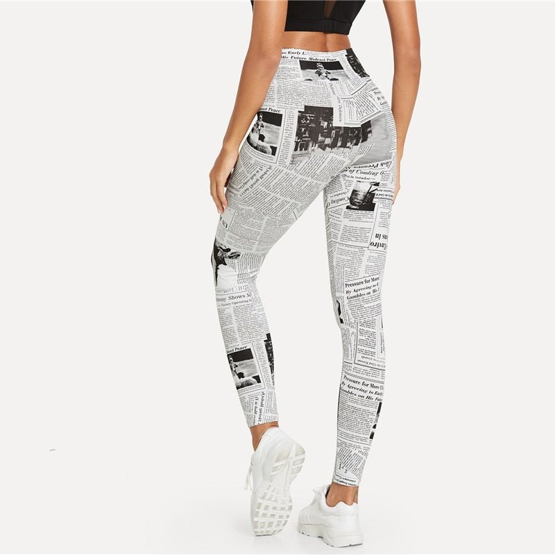 Black And White Highstreet Newspaper Letter Print Streetwear Women's Leggings