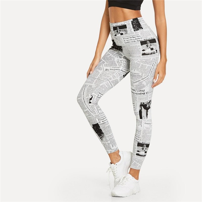 Black And White Highstreet Newspaper Letter Print Streetwear Women's Leggings