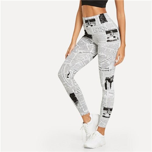 Black And White Highstreet Newspaper Letter Print Streetwear Women's Leggings