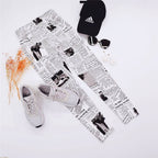 Black And White Highstreet Newspaper Letter Print Streetwear Women's Leggings